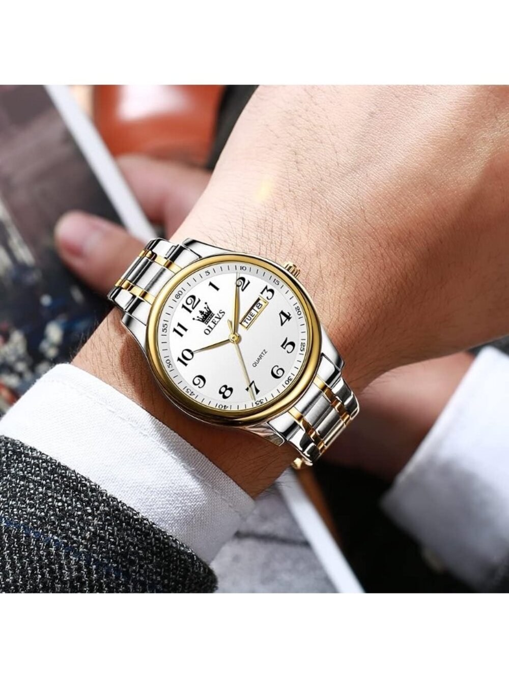 Olevs Mens Silver White Luxury Stainless Steel Gold Analog Quartz Luminous Watch - Picture 2 of 6